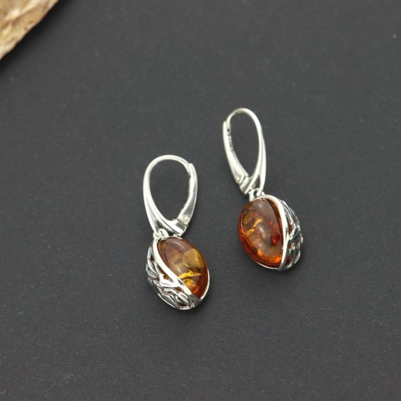 Sterling silver earrings with natural Baltic amber, amber drop earrings, dangle - Picture 4 of 14